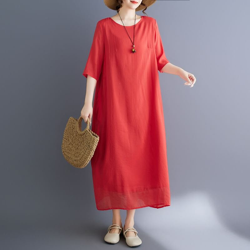 Crewneck Elbow-Sleeve Plain Shift Maxi Dress
