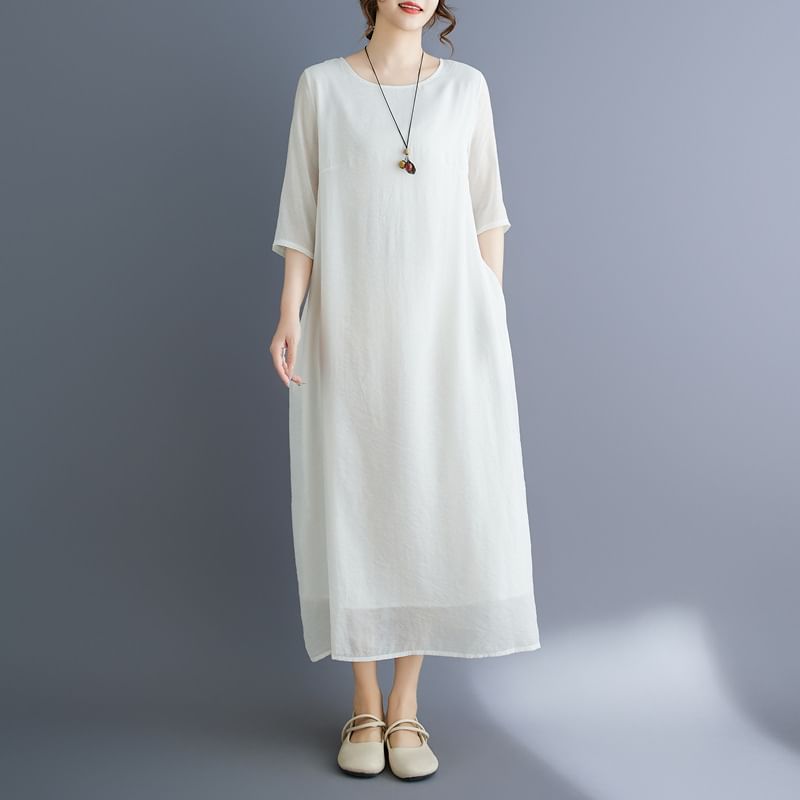 Crewneck Elbow-Sleeve Plain Shift Maxi Dress