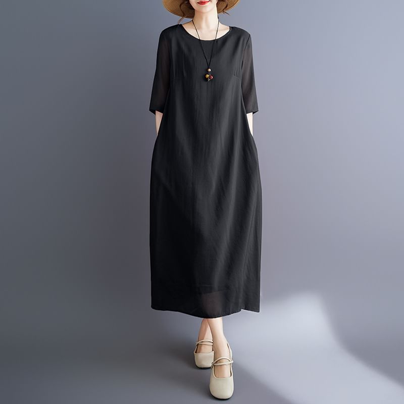 Crewneck Elbow-Sleeve Plain Shift Maxi Dress