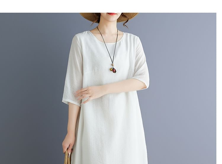Crewneck Elbow-Sleeve Plain Shift Maxi Dress