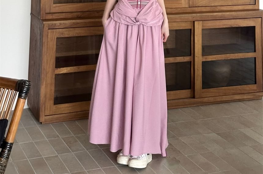 Striped Panel Halter Neck Mock Two-Piece Ruched Open Back A-Line Maxi Dress