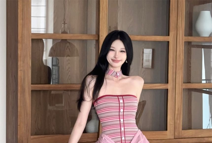 Striped Panel Halter Neck Mock Two-Piece Ruched Open Back A-Line Maxi Dress