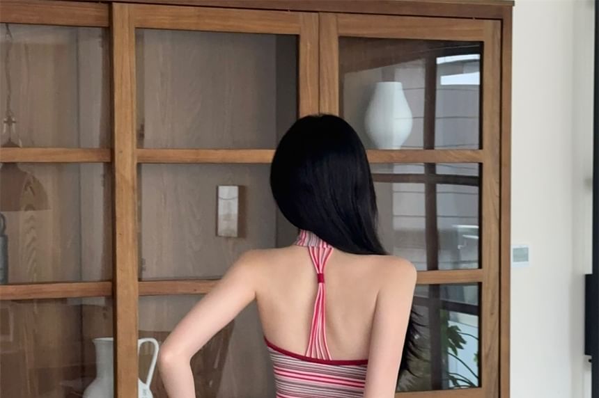 Striped Panel Halter Neck Mock Two-Piece Ruched Open Back A-Line Maxi Dress