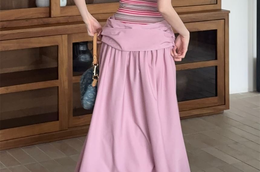 Striped Panel Halter Neck Mock Two-Piece Ruched Open Back A-Line Maxi Dress