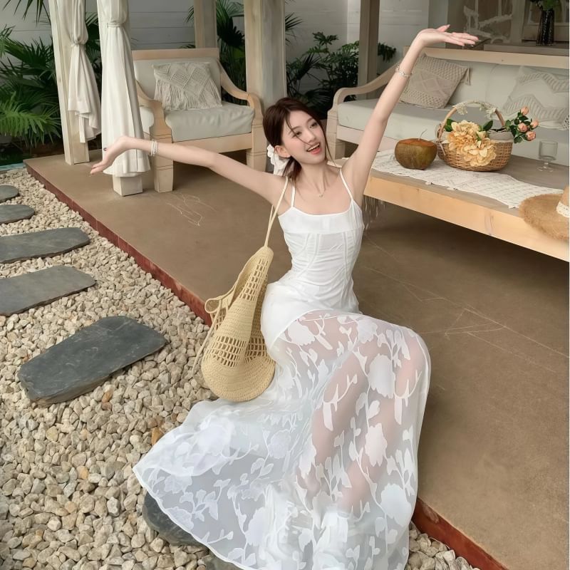 Lace Spaghetti Strap A-Line Maxi Dress