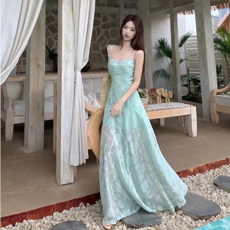 Lace Spaghetti Strap A-Line Maxi Dress