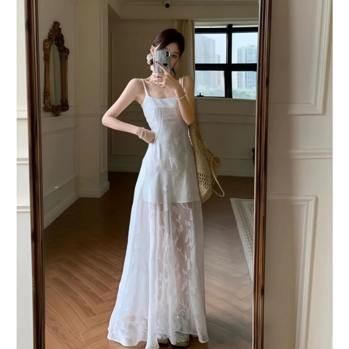 Lace Spaghetti Strap A-Line Maxi Dress
