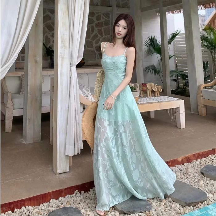 Lace Spaghetti Strap A-Line Maxi Dress