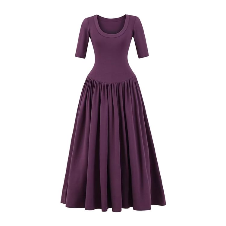 Ruched Elbow-Sleeve Scoop Neck A-Line Maxi Dress