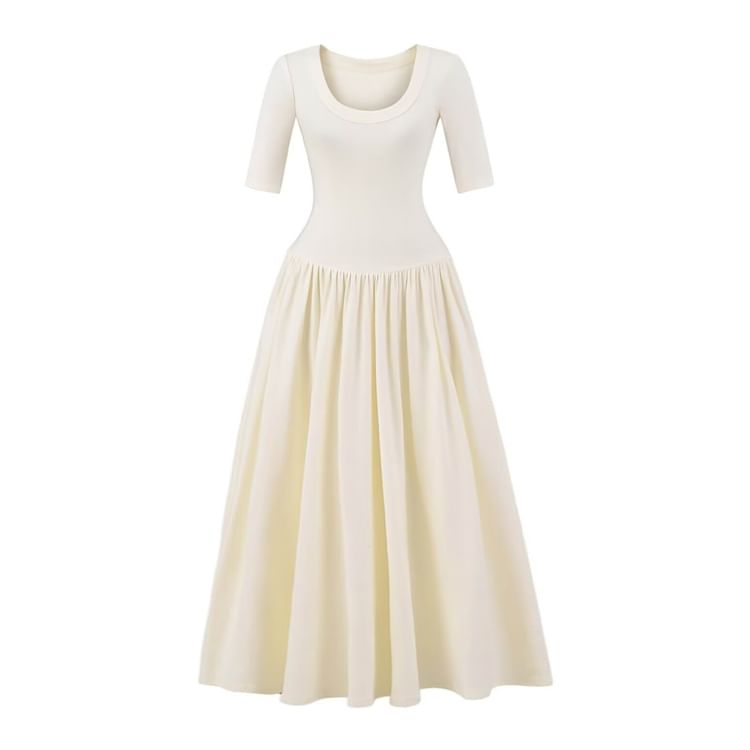 Ruched Elbow-Sleeve Scoop Neck A-Line Maxi Dress