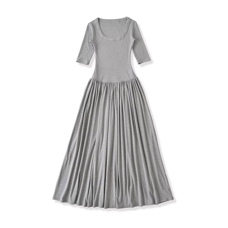 Ruched Elbow-Sleeve Scoop Neck A-Line Maxi Dress