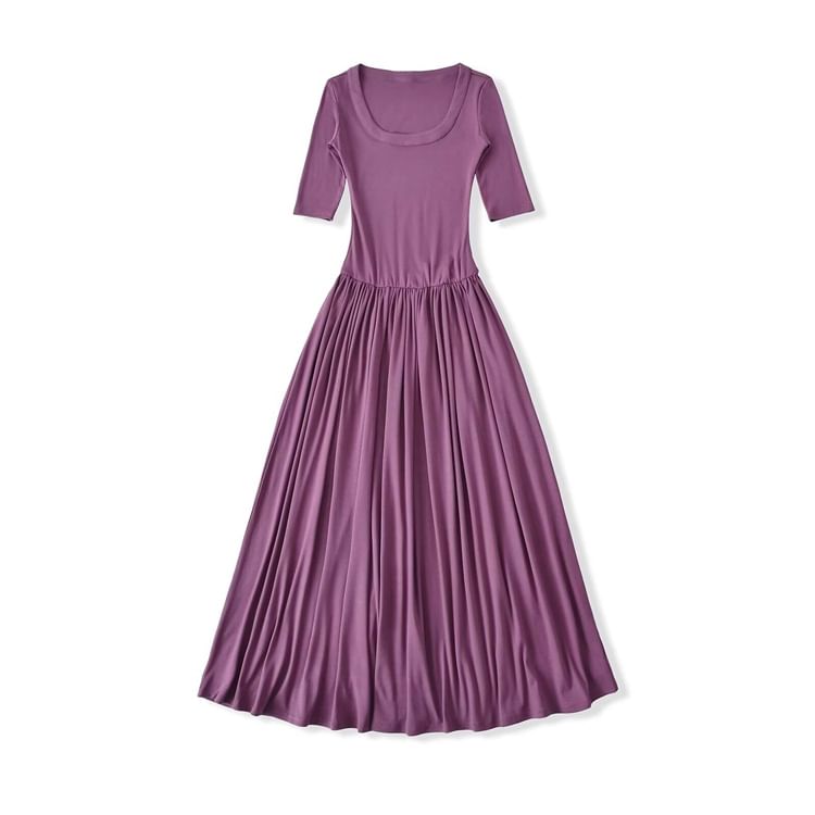 Ruched Elbow-Sleeve Scoop Neck A-Line Maxi Dress