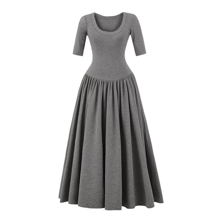 Ruched Elbow-Sleeve Scoop Neck A-Line Maxi Dress