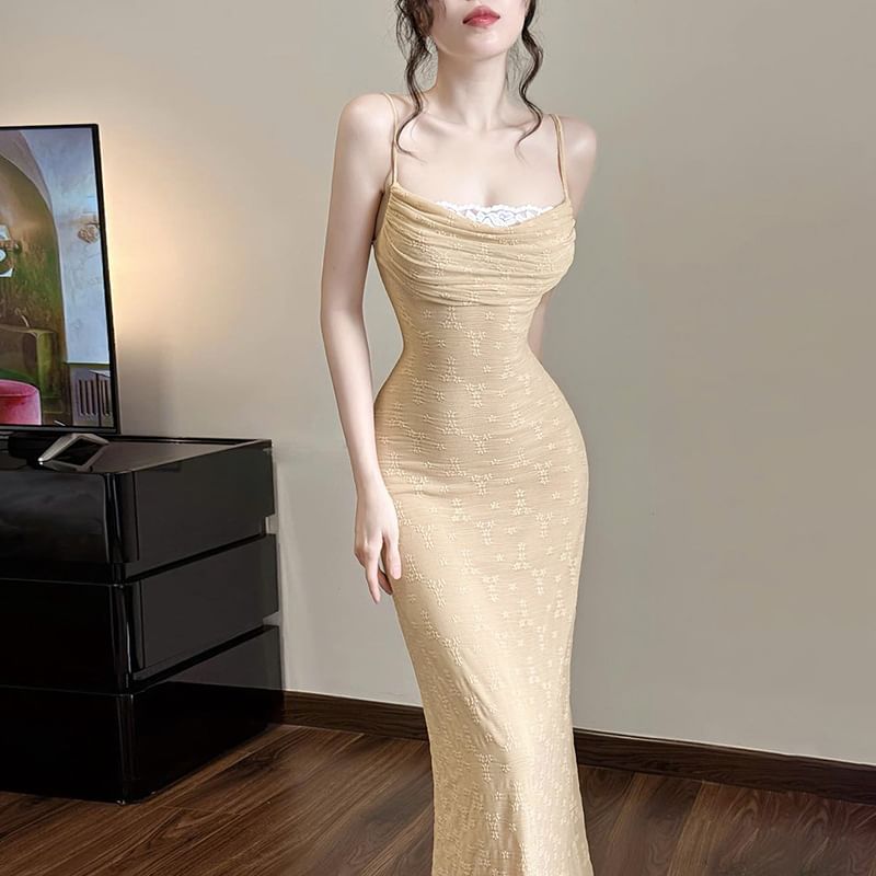 Lace Panel Cowl Neck Spaghetti Strap Bodycon Maxi Dress