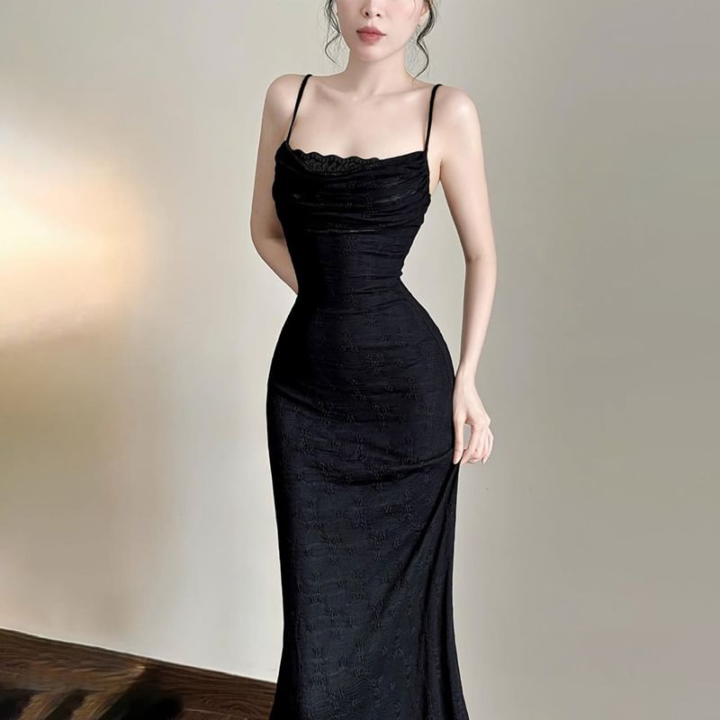 Lace Panel Cowl Neck Spaghetti Strap Bodycon Maxi Dress