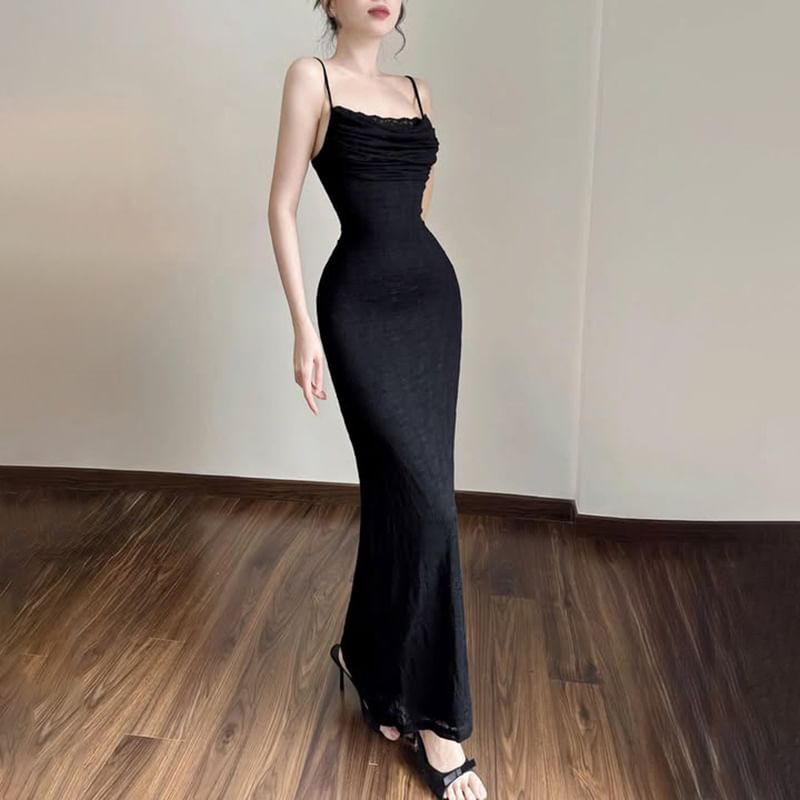 Lace Panel Cowl Neck Spaghetti Strap Bodycon Maxi Dress
