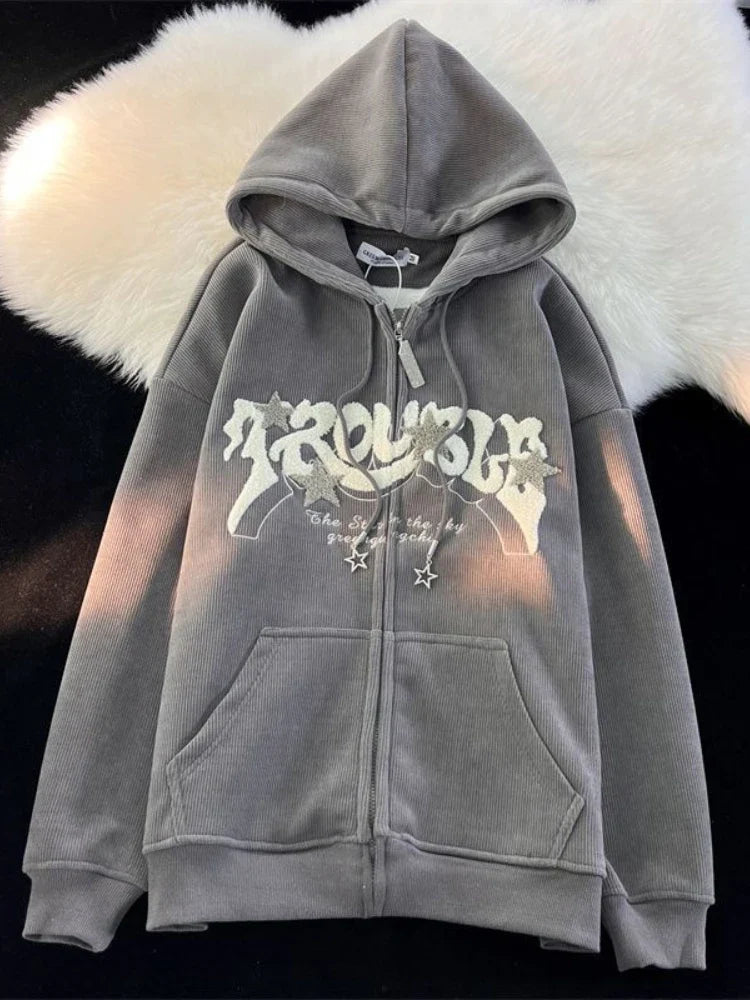 Fashion Embroidery Zip Up Hoodies Women Autumn Long Sleeve Tops Loose Hood Shirt Harajuku Y2K Clothes Female Sweatshirt Jacket