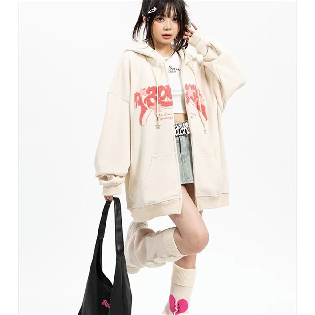 Fashion Embroidery Zip Up Hoodies Women Autumn Long Sleeve Tops Loose Hood Shirt Harajuku Y2K Clothes Female Sweatshirt Jacket