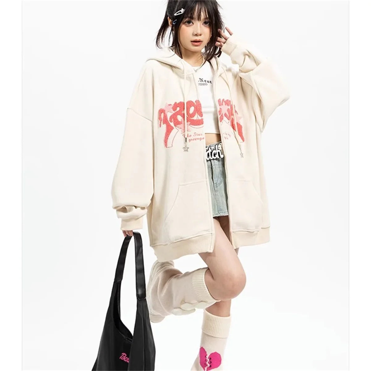 Fashion Embroidery Zip Up Hoodies Women Autumn Long Sleeve Tops Loose Hood Shirt Harajuku Y2K Clothes Female Sweatshirt Jacket