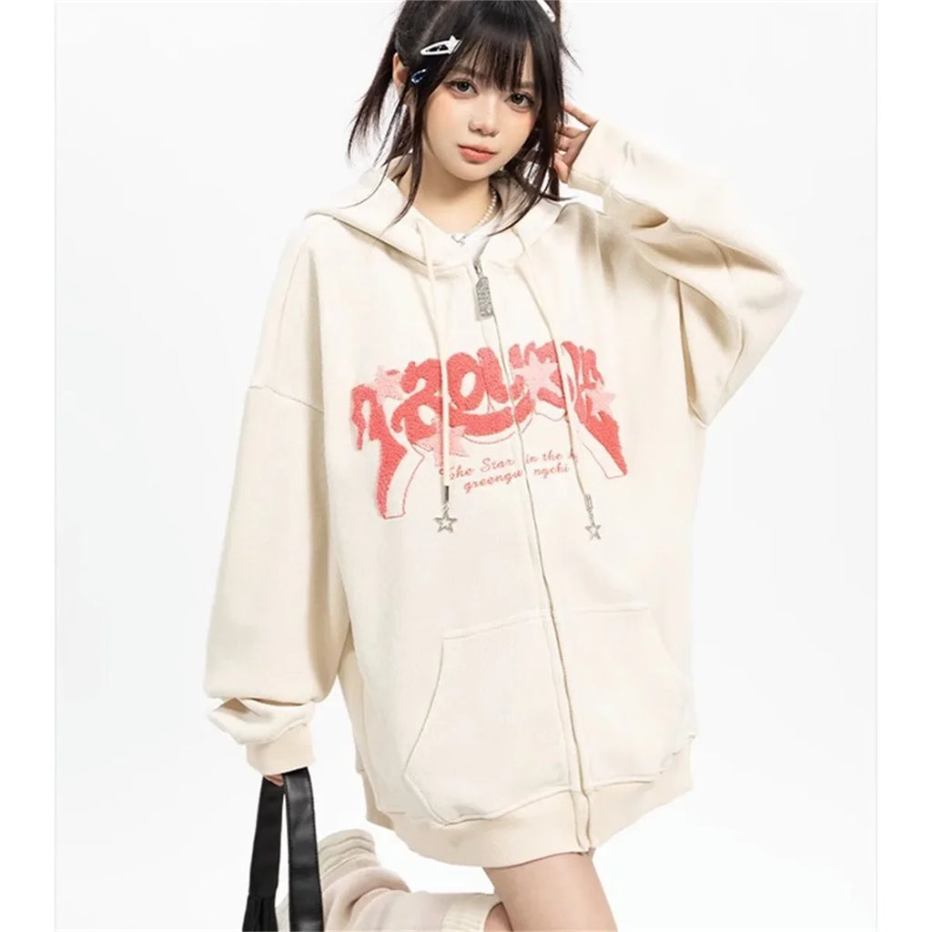 Fashion Embroidery Zip Up Hoodies Women Autumn Long Sleeve Tops Loose Hood Shirt Harajuku Y2K Clothes Female Sweatshirt Jacket