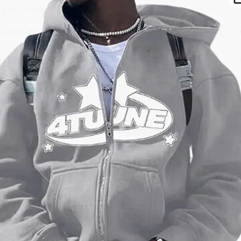 New Clothes Star Letter Print Retro Oversized Hoodie Women Y2K Street Hip-Hop Color Harajuku Casual Zipper Women Sweatshirt
