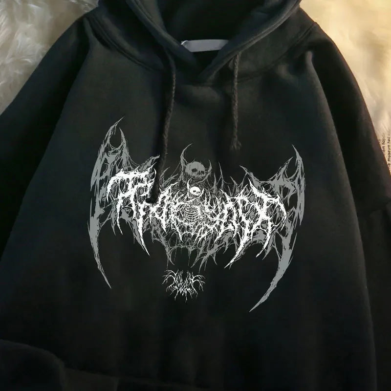 Skull Graphic Printed Long Sleeve Men Hooded Women's Sweatshirt Gothic Top Black Punk Style Fashion Cool Girl Unisex Hoodie
