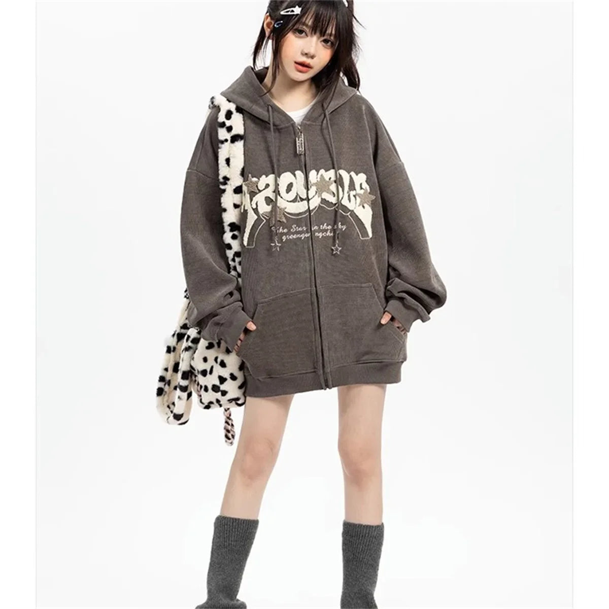 Fashion Embroidery Zip Up Hoodies Women Autumn Long Sleeve Tops Loose Hood Shirt Harajuku Y2K Clothes Female Sweatshirt Jacket