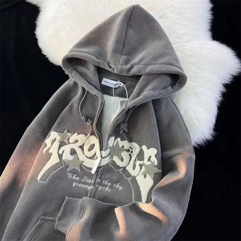 Fashion Embroidery Zip Up Hoodies Women Autumn Long Sleeve Tops Loose Hood Shirt Harajuku Y2K Clothes Female Sweatshirt Jacket