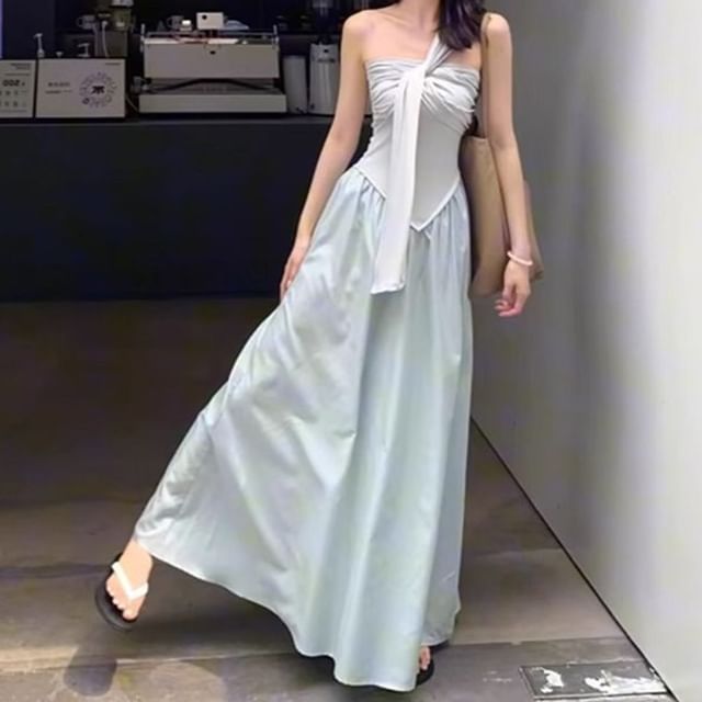 One-Shoulder Ruched Panel Sleeveless A-Line Maxi Dress