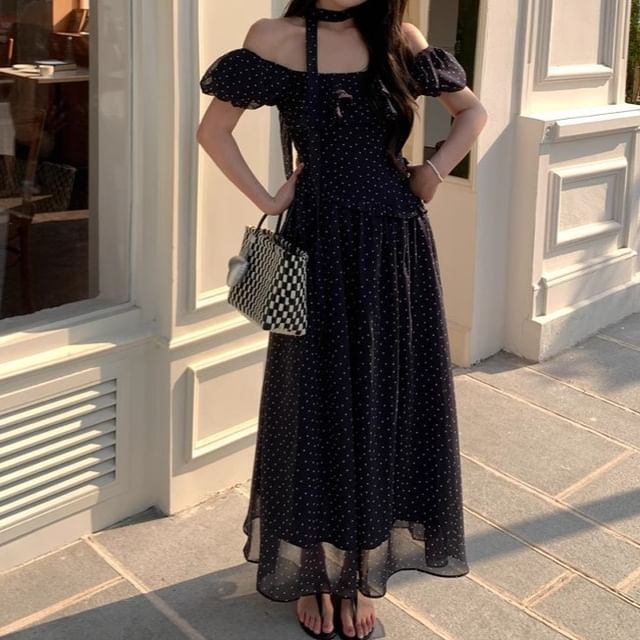 Off-Shoulder Short-Sleeve Dotted Ruffle A-Line Maxi Dress