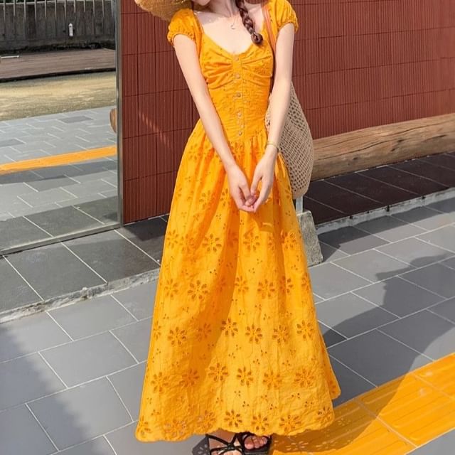 Perforated V-Neck Short-Sleeve A-Line Maxi Dress