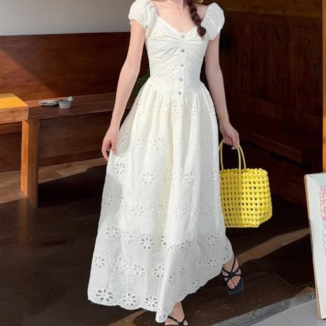 Perforated V-Neck Short-Sleeve A-Line Maxi Dress