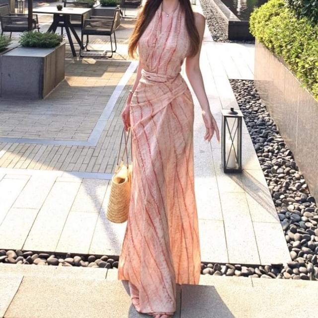 Striped Sleeveless A-Line Maxi Dress