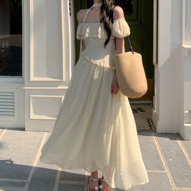 Off-Shoulder Short-Sleeve Dotted Ruffle A-Line Maxi Dress