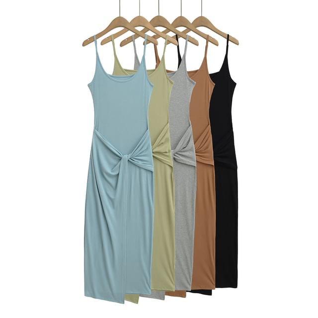Knot Front Scoop Neck Spaghetti Strap Sheath Maxi Dress