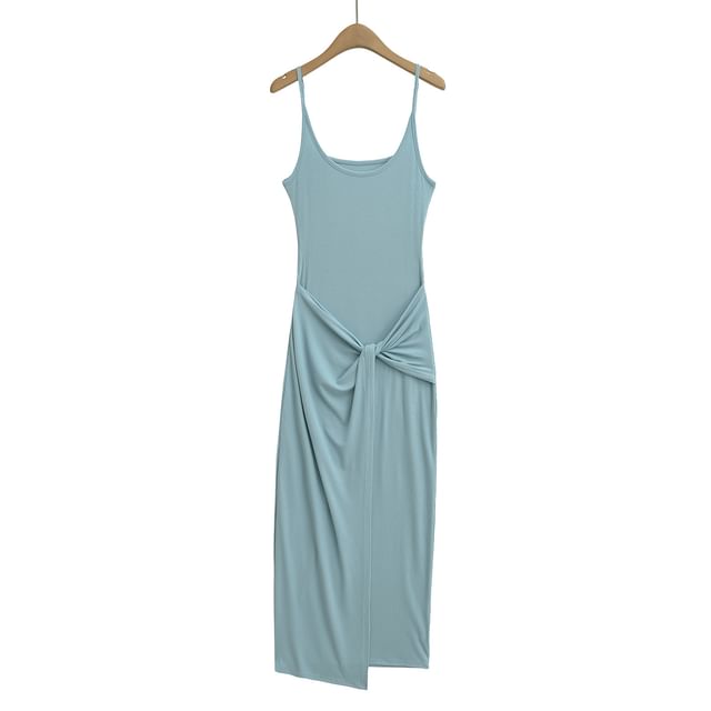 Knot Front Scoop Neck Spaghetti Strap Sheath Maxi Dress