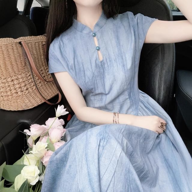 Band Collar Short-Sleeve A-Line Maxi Dress