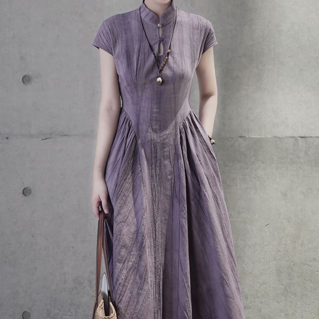 Band Collar Short-Sleeve A-Line Maxi Dress