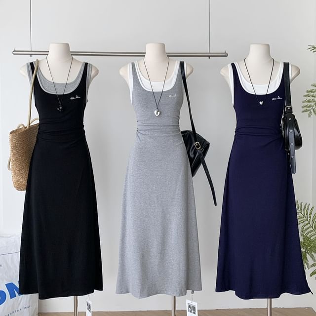 Two-Tone Sleeveless Mock Two-Piece A-Line Maxi Dress