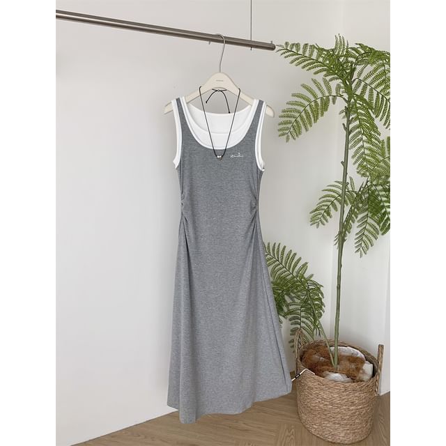 Two-Tone Sleeveless Mock Two-Piece A-Line Maxi Dress