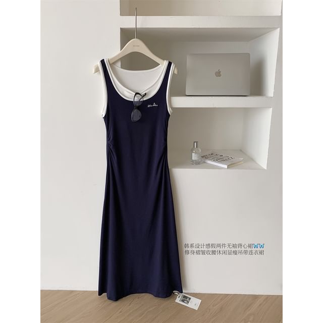 Two-Tone Sleeveless Mock Two-Piece A-Line Maxi Dress