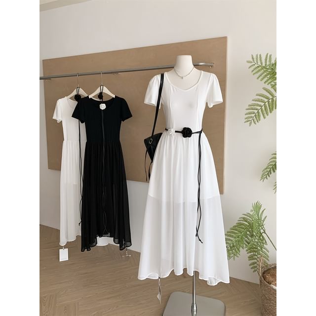 Sheer V-Neck Short-Sleeve A-Line Maxi Dress