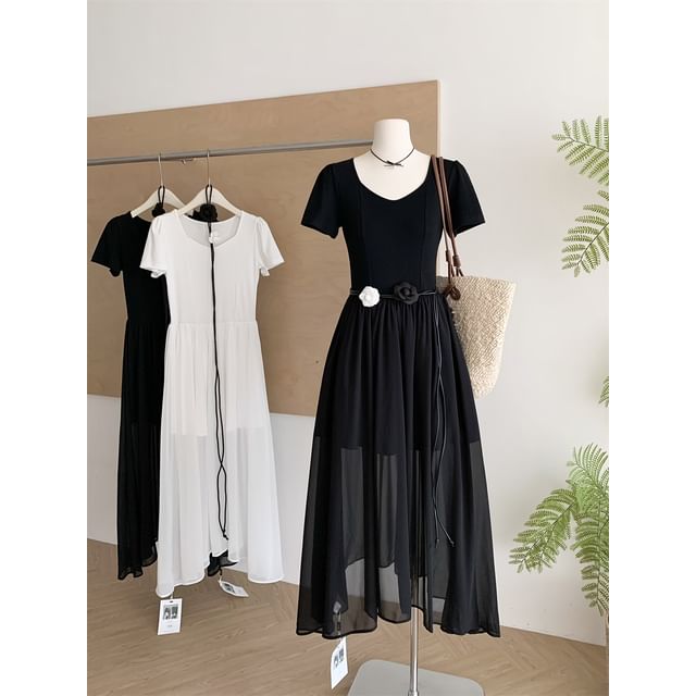 Sheer V-Neck Short-Sleeve A-Line Maxi Dress