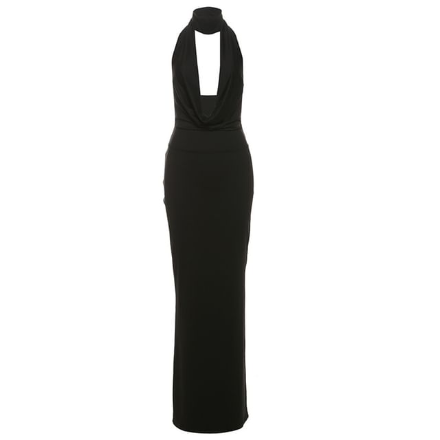 Cowl Neck Halter Open Back Slit Bodycon Maxi Dress