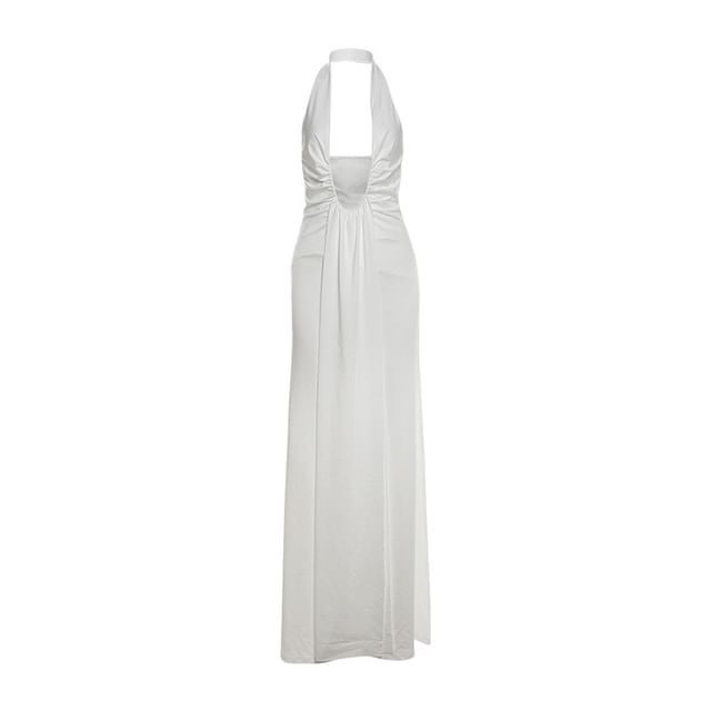 Plunge Halter V-Neck Ruched Open Back A-Line Maxi Dress
