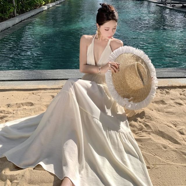 V-Neck Halter A-Line Maxi Dress