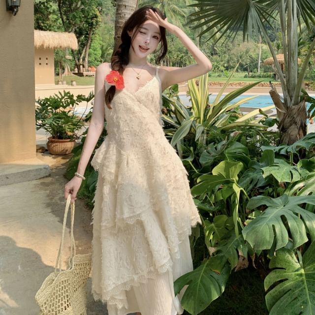 Lace Tiered V-Neck Spaghetti Strap A-Line Maxi Dress