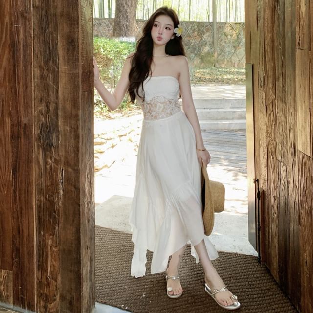 Lace Panel Strapless A-Line Maxi Dress