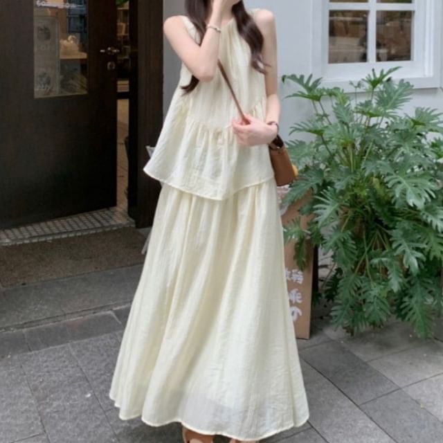 Sleeveless Mock Two-Piece A-Line Maxi Dress