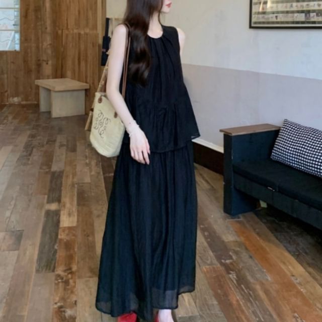 Sleeveless Mock Two-Piece A-Line Maxi Dress